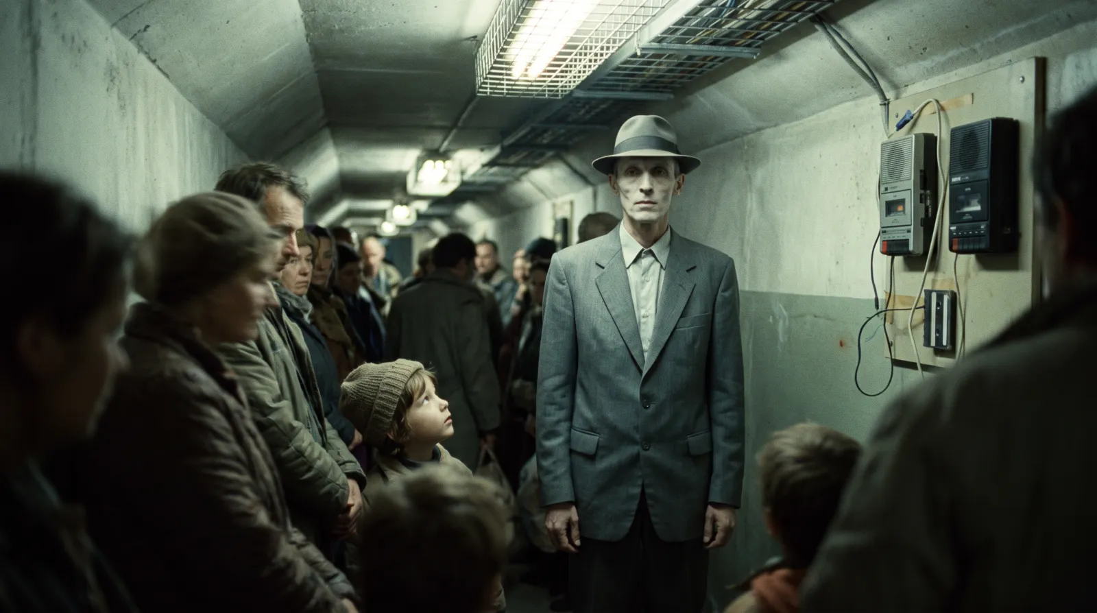 Bunker 14 main corridor at shift change, 18:02. The pale man in the grey suit, centre left, has not been seen since. Frame from a courier's box camera.