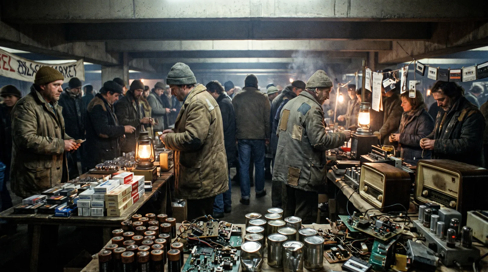 The Saturday market in the Camden undercroft, Sector 4. Batteries, tins and tobacco change hands under a strict no-screens rule.