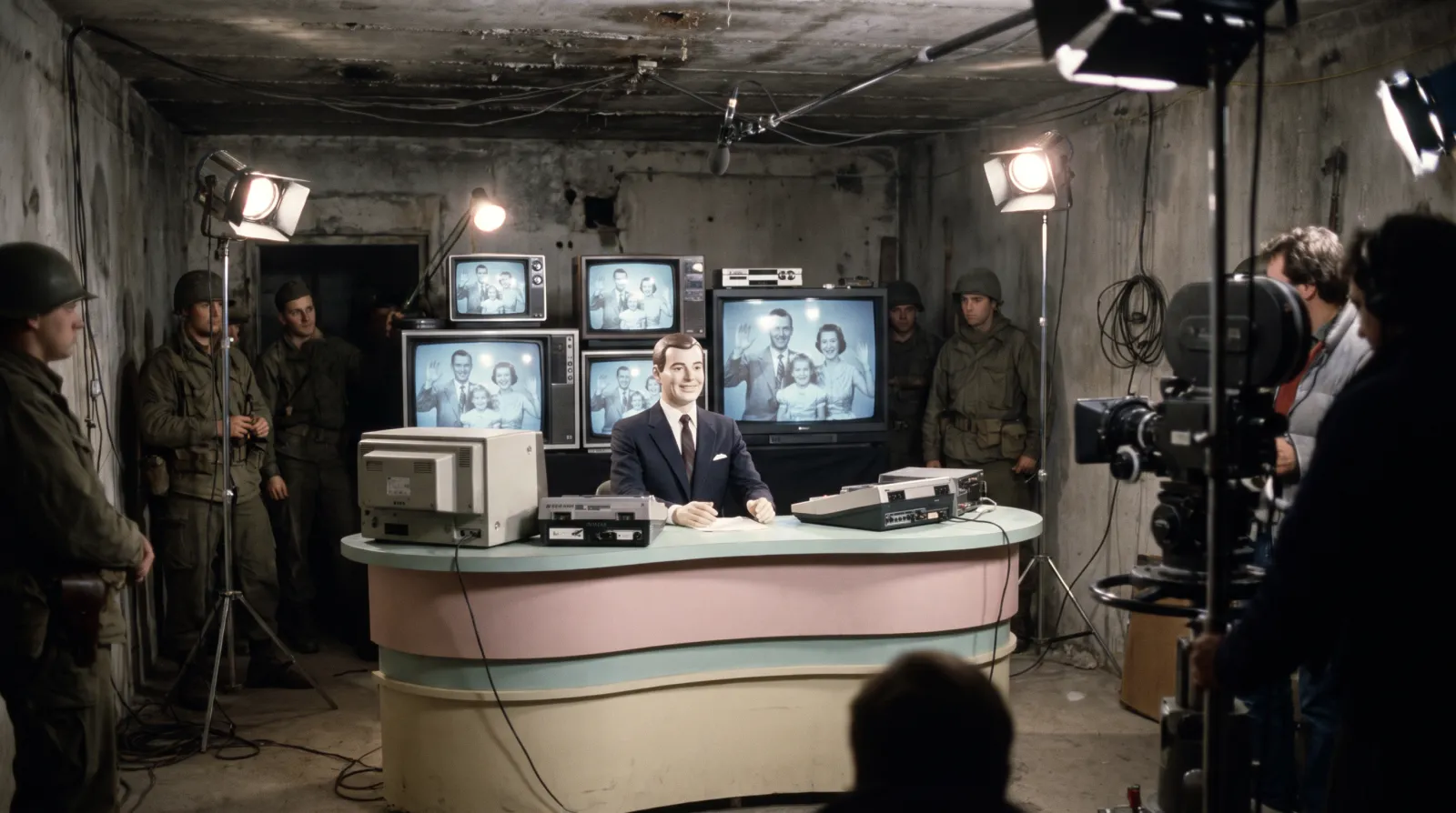 Still from the Continuance evening bulletin. The porcelain newsreader designated MERIDIAN smiles for the full nine minutes, as she has every night since 2053.
