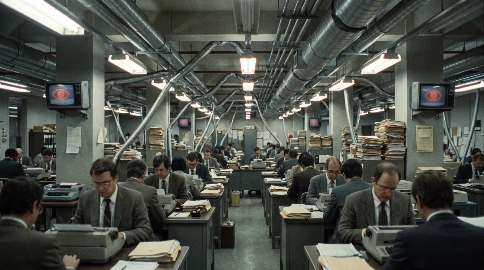 Clerks at work on Floor 40 of the Bureau annexe, Temperance Row, Sector 1. The Continuance watches from every telescreen. Smuggled out on 35mm.