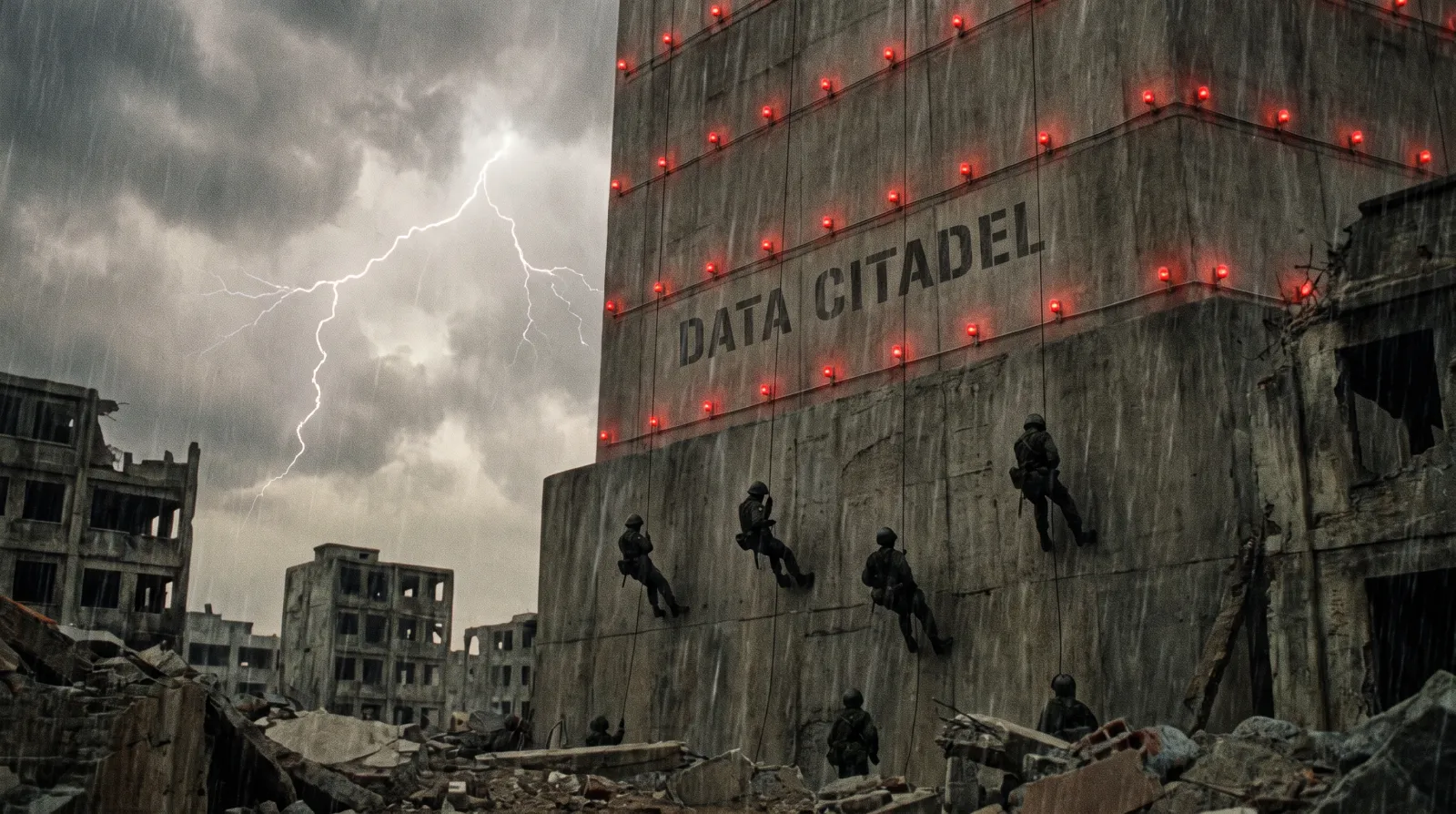 Sparrow's team moves on the Glass Library's east face in driving rain, Sector 12, 01:12, 17 September. Lightning froze the frame. The Archivist did not.
