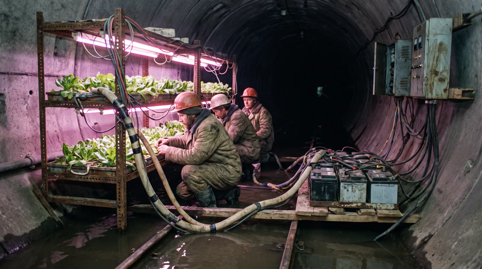 Spanner cell engineers rig grow lamps over new hydroponic racks in the flooded Mile End spur, Sector 9. Water is still knee deep on the northbound side.