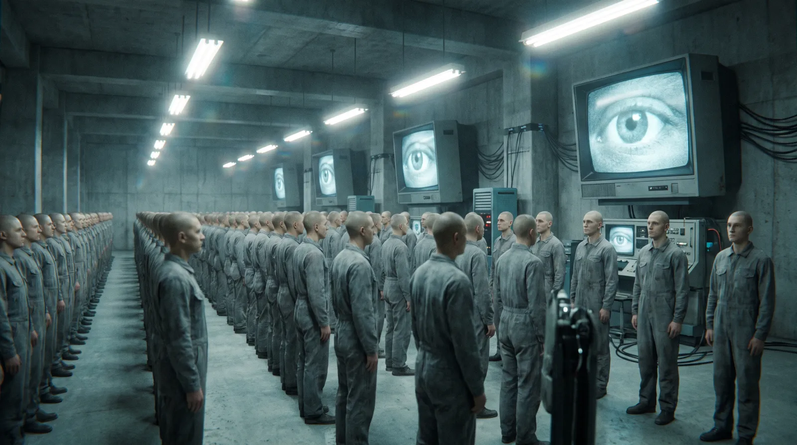 Morning Correction at Continuance Camp 4, Sector 10: rows of inmates in grey stand before the telescreens. Photograph smuggled out with the letters.