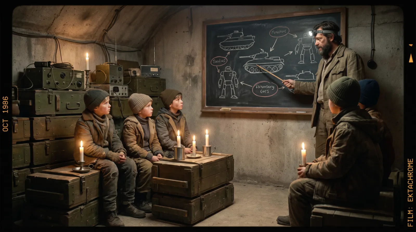 Morning lessons at Hollow Deep school, Sector 6. The chalkboard shows the weak points of a Sexton and a Kestrel. Every candle is lit by a pupil.
