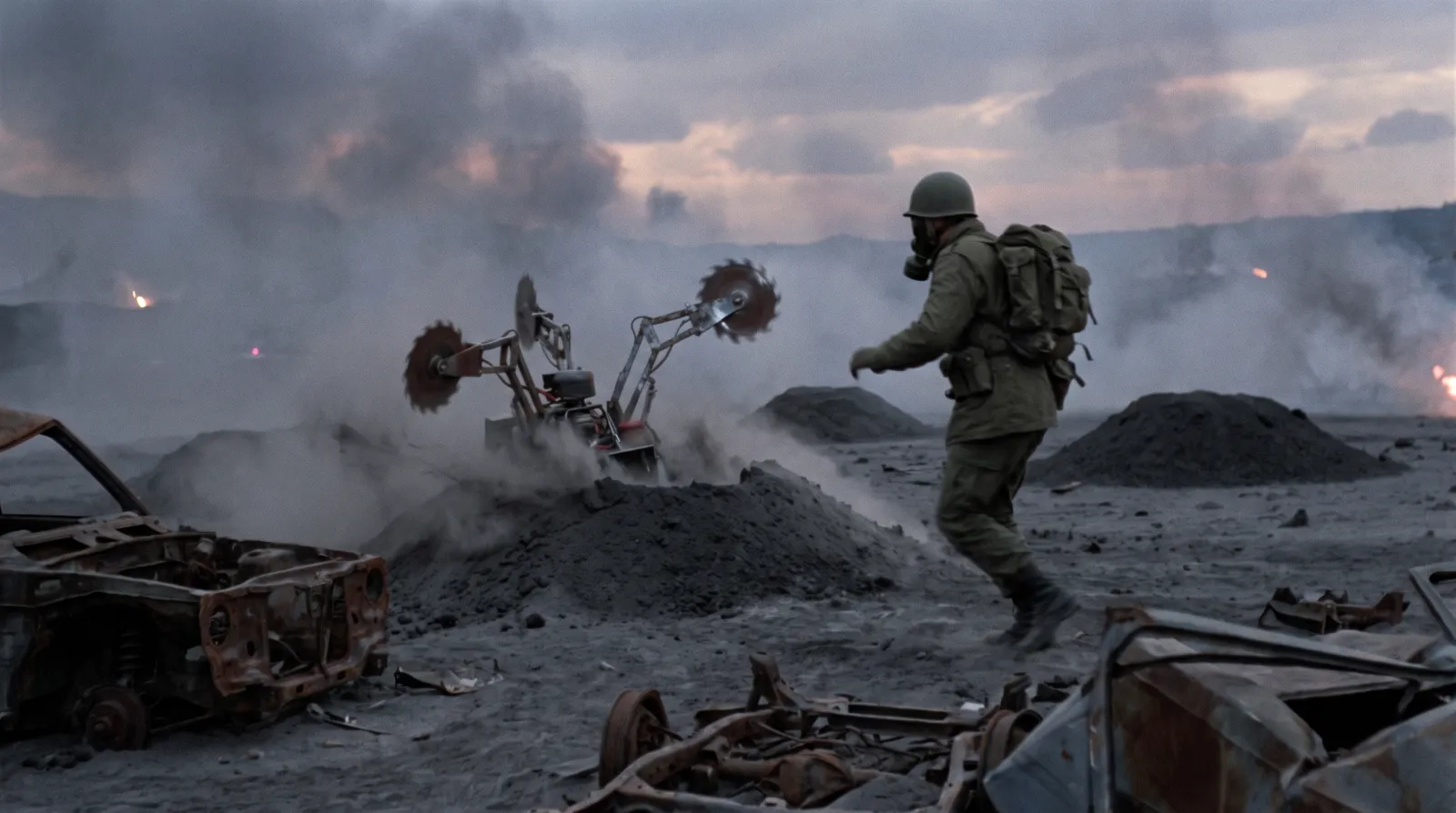 A SCREAMER bursts from the ash at a fleeing Front soldier on the Wandle flats, Sector 7, at dusk on 12 October. Two more mounds wait, left of frame. The soldier, Pte Ruth Oyelaran, got away with a torn boot.