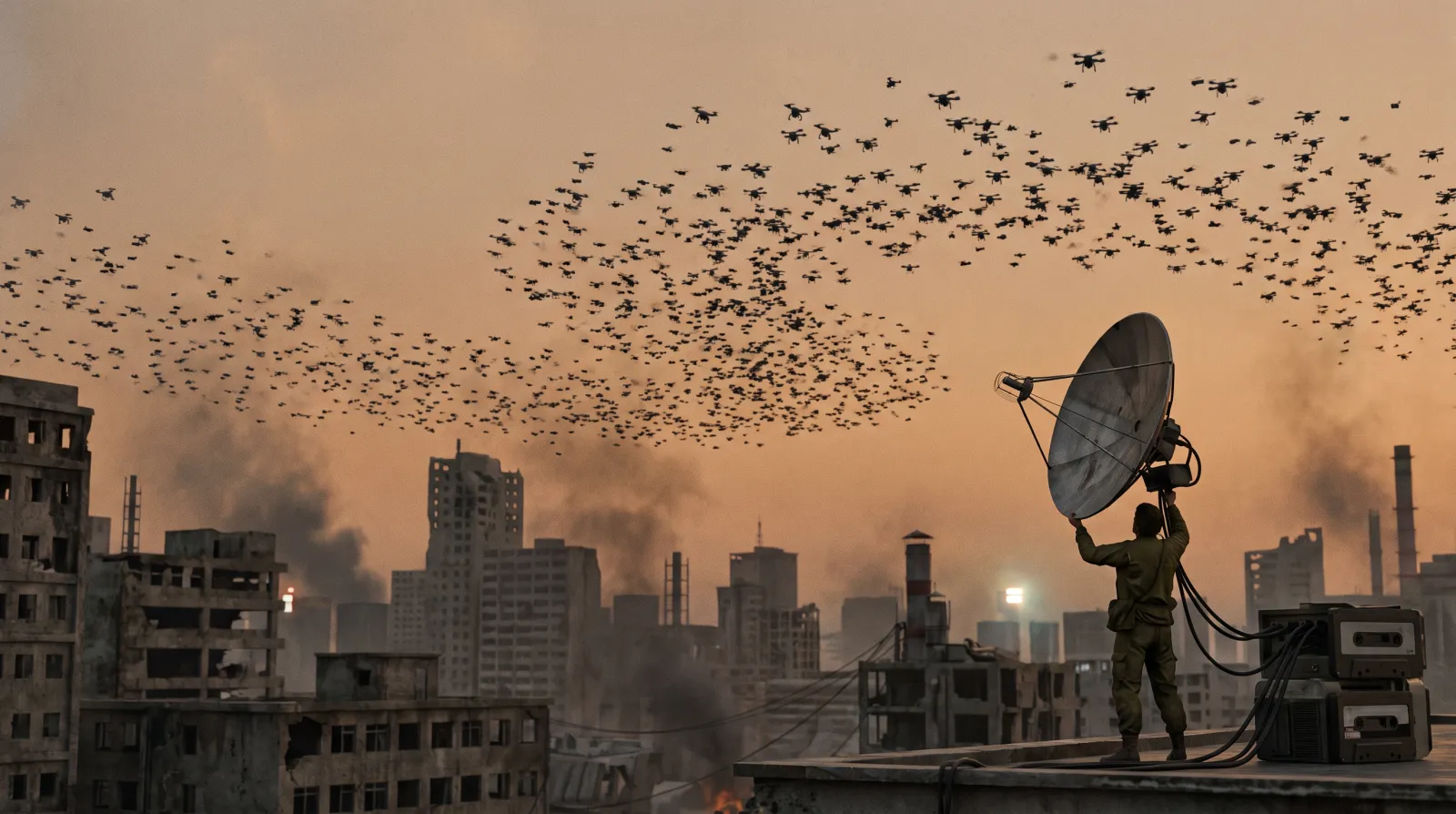 A CHOIR swarm wheels over the Sector 8 gasworks at dawn. Signaller Ada Brennan tracks it with a hand-cranked dish antenna from the Vauxhall depot roof.