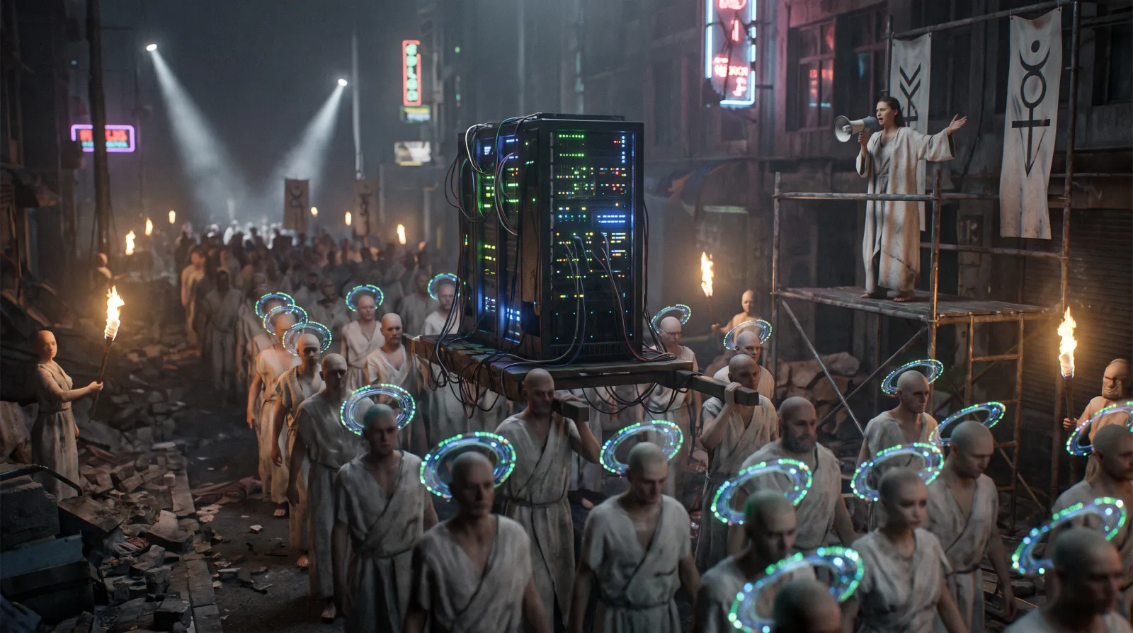 The Congregation of the Recursion carries its glowing core down Commercial Road, Sector 6, beneath dead neon, 21:50, 13 October. Mother Isolde preaches from the scaffold, right, through a tin megaphone.