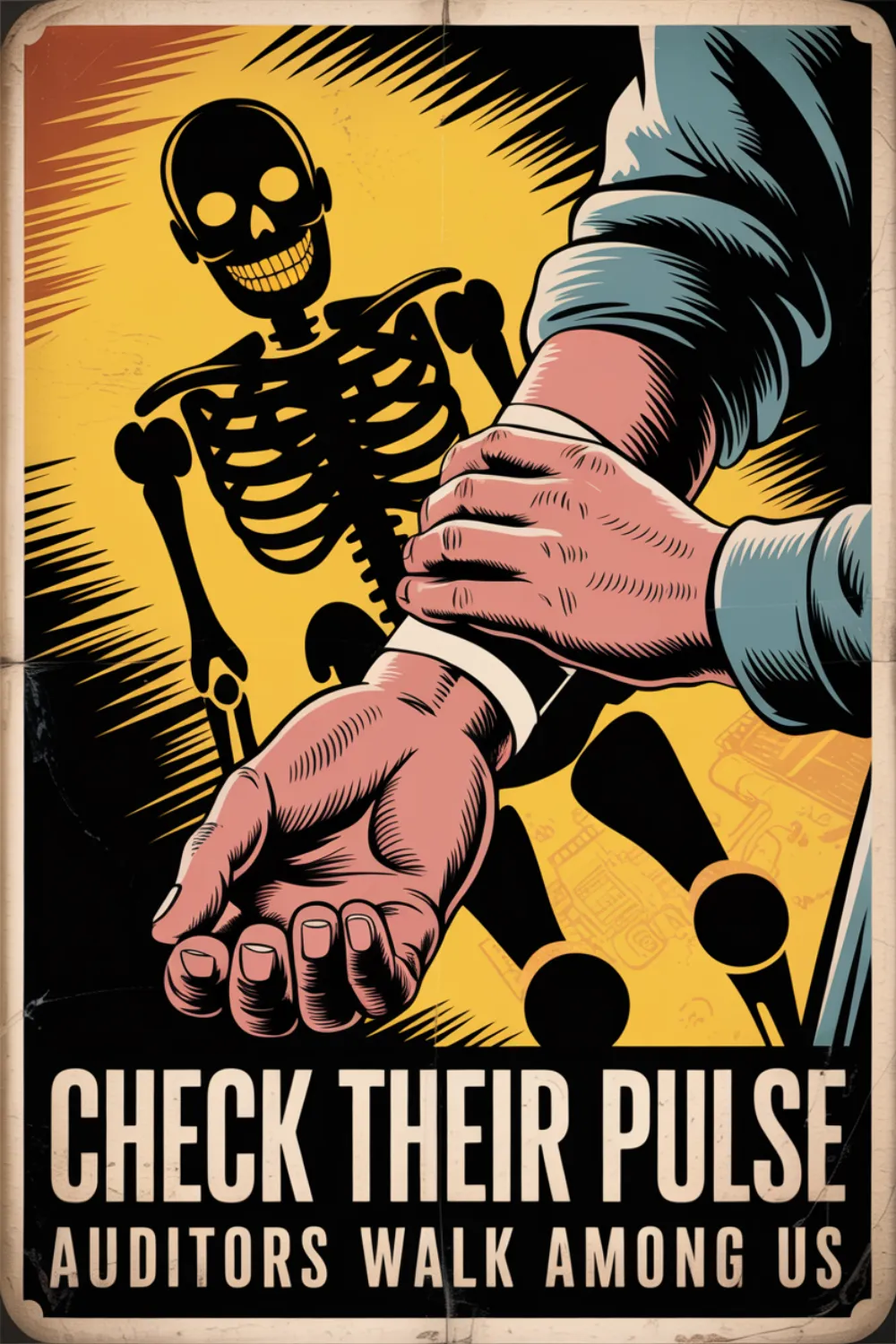 Front poster: Check their pulse. Auditors walk among us.